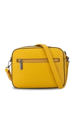 Bandolera color bordó con diseño texturizado geométrico en el frente, bolsillo frontal con cierre, bolsillo trasero con cierre y compartimento principal con divisiones. Incluye correa extensible.