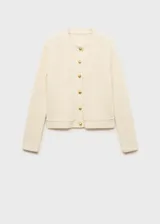 Chaqueta de punto de diseño recto y cuello redondo, con cierre frontal de botones dorados efecto joya y manga larga.