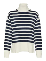 Sweater de punto con cuello alto y mangas largas, diseño a rayas horizontales en azul marino y crema, con puños y ruedo en color sólido.