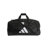 Bolso deportivo Adidas Training Defender de gran capacidad, color negro con logo blanco estampado. Cuenta con compartimento principal espacioso, bolsillos exteriores con cierre, correas de mano y correa de hombro ajustable y extraíble.