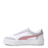 Championes urbanos Puma modelo Carina Mía, de diseño plataforma con base blanca. Presentan una combinación de colores blanco, lila y detalles en rosado, con el logo de la marca en el lateral y la lengüeta.