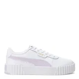 Championes Puma Carina 3.0 de mujer, color blanco con detalles en lila y logo dorado. Inspirados en la moda playera californiana de los años 80, con suela de plataforma y plantilla SOFTFOAM+ para mayor amortiguación.