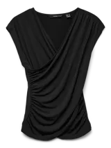 Top negro sin mangas con escote cruzado en V y hombros ligeramente estructurados. El tejido presenta un drapeado sutil en la zona del busto y frunces laterales.