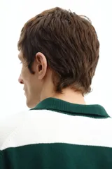 Remera polo de punto fino de algodón con diseño a rayas horizontales en verde oscuro y blanco, de manga larga, con cuello clásico y cierre frontal de tres botones.