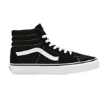 Championes Vans modelo Sk8-Hi de caña alta, color negro con la icónica banda lateral blanca, cordones blancos y suela de goma vulcanizada.