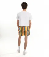 Short de tela con rayas verticales en colores azul, amarillo y naranja.