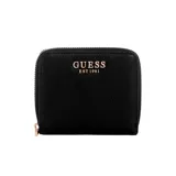 Billetera compacta Guess modelo Laurel II, color negro con textura granulada. Presenta cierre perimetral metálico y logo de la marca en letras doradas en el frente.