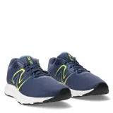 Championes de running New Balance modelo 420 V2, color azul marino con detalles en amarillo neón y celeste. Presentan una capellada de malla transpirable con refuerzos sintéticos, logo lateral característico y suela de goma con entresuela amortiguada.