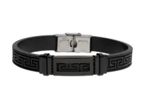 Pulsera de goma negra con apliques de acero con diseño de guarda griega y cierre plateado de acero inoxidable.