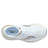 Championes Saucony Endorphin Speed 3 para mujer, color blanco con detalles en dorado y negro.