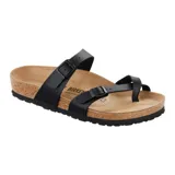 Sandalias Birkenstock Mayari con dos correas finas de Birko-Flor negro y hebillas metálicas ajustables.