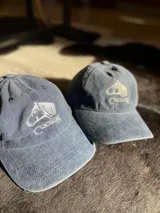 Gorro tipo gorra con visera de color gris, con diseño bordado frontal que incluye la silueta de un caballo y la inscripción "Criollos".