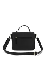 Cartera tipo bandolera de ecocuero negro con solapa frontal y broche imantado. Incluye asa superior, correa ajustable y desmontable, y logo de la marca en letras doradas.