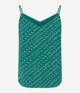 Blusa de crepé con estampado geométrico en verde y blanco, escote en pico y breteles finos.
