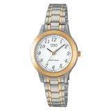 Reloj analógico Casio con caja y malla de acero inoxidable en tono plateado y dorado. Presenta una esfera blanca con números arábigos, movimiento de cuarzo y cierre desplegable.