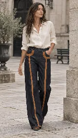 Pantalón wide leg de denim oscuro con spandex, de tiro alto y corte amplio. Presenta detalles de bandas verticales en cuero color suela que recorren el frente de las piernas y bordean los bolsillos delanteros.