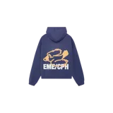 Hoodie oversized azul marino con capucha, bolsillo tipo canguro y gran estampado en la espalda de un ave estilizada en tono beige y la inscripción "EME/CPH" en color blanco.