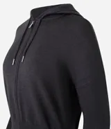 Campera de punto azul marino, con capucha ajustable con cordón, cierre frontal de cremallera y bajo ajustado.