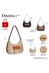 Cartera tipo morral de nylon color negro, con detalles en cuero sintético tostado. Cuenta con un bolsillo frontal con solapa y cierre, correa ajustable para el hombro y cierre superior.