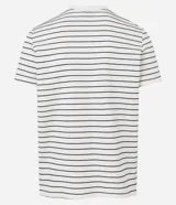 Remera de corte regular confeccionada en tejido de algodón y poliéster, con cuello redondo y mangas cortas. Presenta un diseño de rayas horizontales finas en relieve.