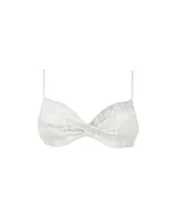 Top de bikini con estampado de piel de serpiente en tonos blanco y verde, con breteles finos y detalle de nudo en el centro del busto.