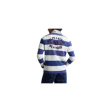Remera polo de rugby Polo Ralph Lauren de manga larga, con diseño de rayas horizontales en blanco y azul marino. Cuenta con cuello clásico blanco, cierre frontal con botones ocultos y el logo de los New York Yankees bordado en el pecho.