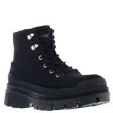 Botas de caña media Caterpillar modelo Hardwear, color negro. Confeccionadas en lona resistente con detalles en gamuza, cuentan con suela de plataforma dentada, cierre mediante cordones con ganchos metálicos y logo de la marca en la lengüeta.