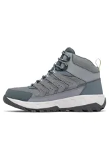 Botas de trekking Columbia modelo Strata Trail Mid Wp, color gris con detalles en verde lima. Diseñadas con tecnología impermeable Omni-Tech y suela Omni-Grip para mayor tracción en senderos.