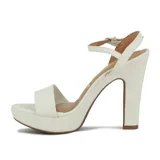 Sandalia Vizzano de taco alto y plataforma, color blanco, con tira frontal ancha y pulsera ajustable al tobillo con hebilla metálica.