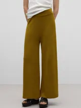 Pantalón de punto de lino de doble frontura para mujer, color verde oliva. Con cinturilla elástica y pierna ancha.