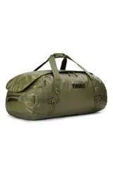 Bolso de lona Thule Chasm de 90 litros, color verde oliva, resistente a la intemperie. Cuenta con correas convertibles para usar como mochila, apertura de boca ancha para fácil acceso y bolsillos internos de malla para organización.
