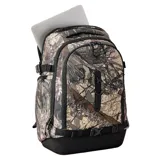 Mochila Rip Curl línea F-Light con capacidad de 35 litros, diseñada con estampado camuflado en tonos verdes, marrones y beige. Cuenta con múltiples compartimentos con cierre, correas de ajuste laterales y una base reforzada en color negro.