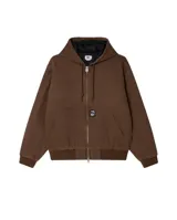 Campera tipo hoodie con cierre frontal, confeccionada en lona de algodón color marrón. Presenta capucha con forro interior negro, bolsillos tipo canguro y puños y ruedo de tejido acanalado. Incluye etiqueta con logo de la marca en el bolsillo frontal.