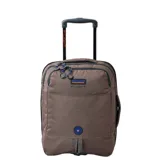 Bolso de viaje marrón con ruedas y manija extensible.