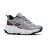 Championes deportivos Hi-Tec con tecnología Memory Foam, confeccionados en malla técnica gris con detalles en negro y fucsia. Presentan una suela de plataforma blanca con base negra dentada, ideal para actividades de bajo impacto y uso diario.