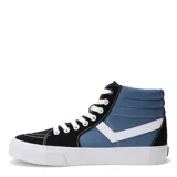 Championes de caña alta Pony, con diseño bicolor en negro y azul, confeccionados en lona con detalles en cuero sintético blanco, cordones blancos y suela de goma blanca.