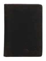 Billetera bifold de cuero 100% natural color marrón, con forro interior de poliéster reciclado, compartimentos para tarjetas y tecnología RFID. Cuenta con el logotipo de la marca grabado en la esquina inferior.