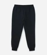 Pantalón deportivo de corte jogger, color negro, con cintura elástica ajustable mediante cordón, bolsillos laterales y puños acanalados en los tobillos. Confeccionado en tejido de algodón con interior felpudo.