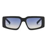 Gafas de sol unisex con montura rectangular negra y lentes degradadas de azul a transparente. Fabricadas con plástico reciclado y filtro UV 400.