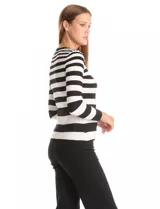 Buzo de tejido acanalado con diseño de rayas horizontales en color negro y beige, cuello redondo y manga larga.