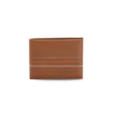 Billetera de cuero marrón claro con bordado zigzag en hilo blanco y ocre.