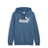 Canguro con capucha de felpa francesa color azul, con cordones ajustables, bolsillo frontal tipo canguro y logo de la marca estampado en blanco en el pecho.