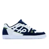 Championes urbanos Öus modelo Cuoro, con diseño de paneles en cuero y malla, combinando colores azul marino, blanco y detalles en verde oliva. Presentan suela de goma blanca y logo lateral distintivo.
