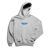 Canguro gris con capucha y bolsillo frontal tipo canguro. Presenta un estampado central en el pecho con el logo de la marca en colores azul y rosa.