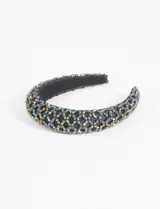 Vincha diadema color azul marino cubierta de mostacillas de vidrio multicolores.