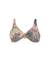 Top de bikini con estampado floral multicolor y aro central.