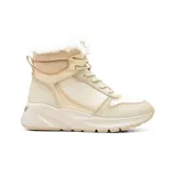 Bota de caña alta color beige, con cordones y cuello de piel sintética.