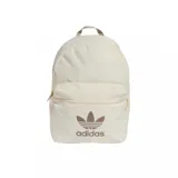 Mochila Adidas Adicolor color beige claro, con bolsillo frontal con cierre, asa de mano superior y el logo del trifolio con la inscripción "adidas" estampado en marrón en la parte inferior.