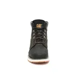 Bota de caña media Caterpillar modelo Charli, confeccionada en cuero nobuk texturizado color negro. Presenta cuello acolchado en tejido gris, cierre mediante cordones con ganchos metálicos y suela de goma con entresuela blanca contrastante.