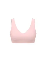 Bralette inalámbrico de doble capa color rosado, con escote en V, almohadillas extraíbles y diseño sin costuras ni herrajes.